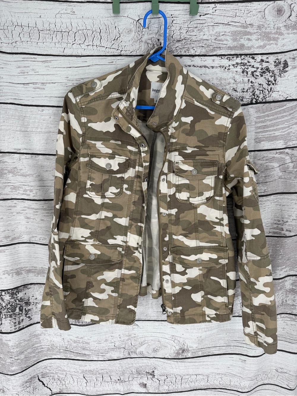 Kensie Olive & Cream Camo Utility Jacket